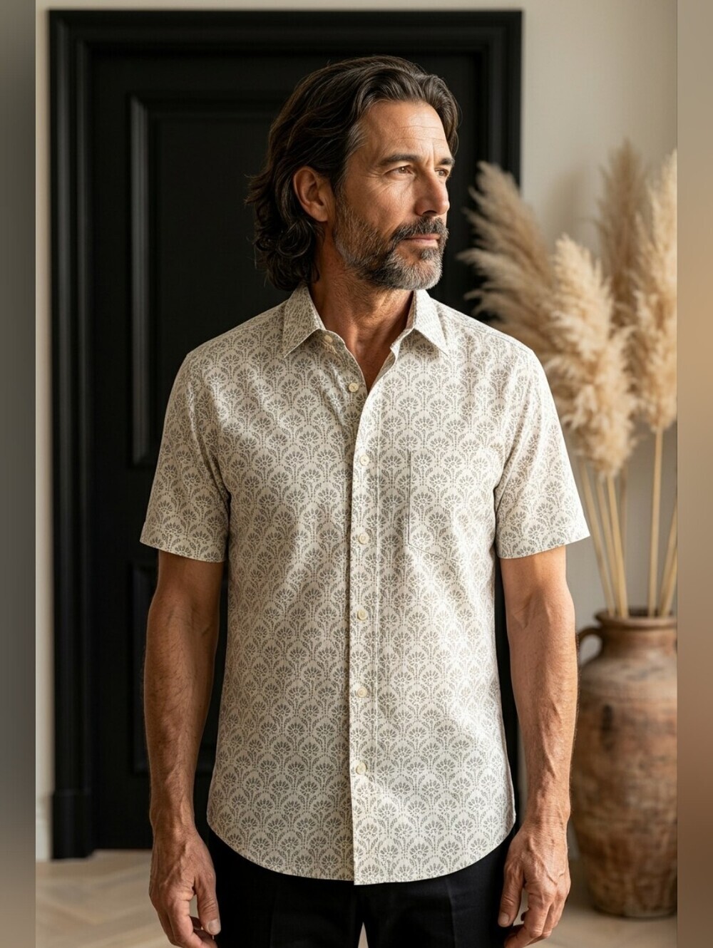 NWT Roundtree & Yorke Short-Sleeve Button-Down Shirt in Beige Print Sz Large